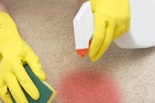 Professional steam carpet cleaning process on a living room carpet